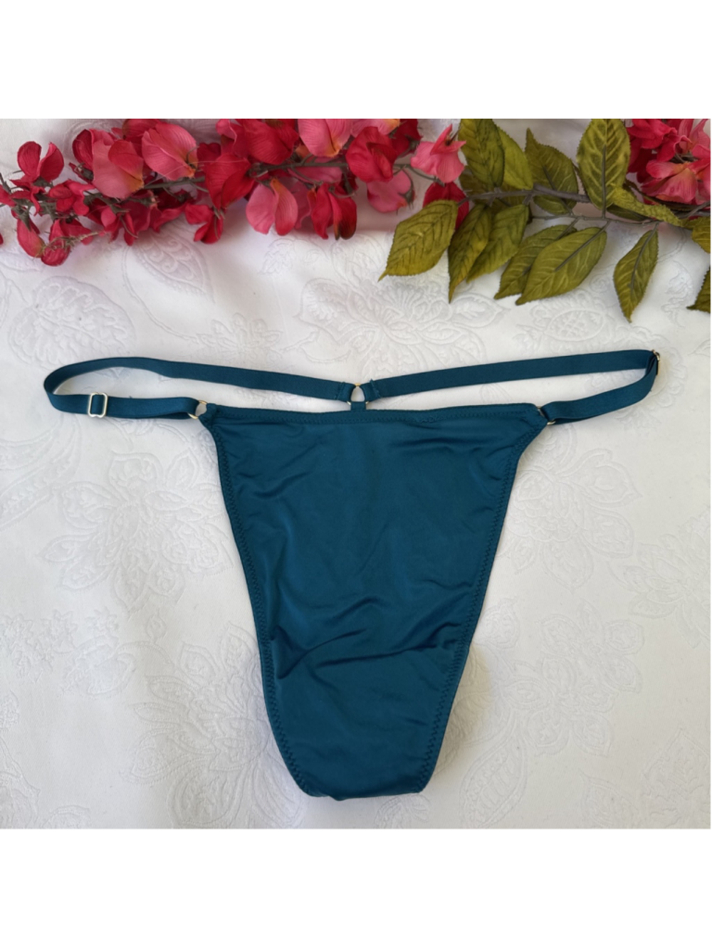 VICTORIA'S SECRET L TEAL GOLD O CHARM STRAPPY SILKY V STRING THONG PANTIES NWT